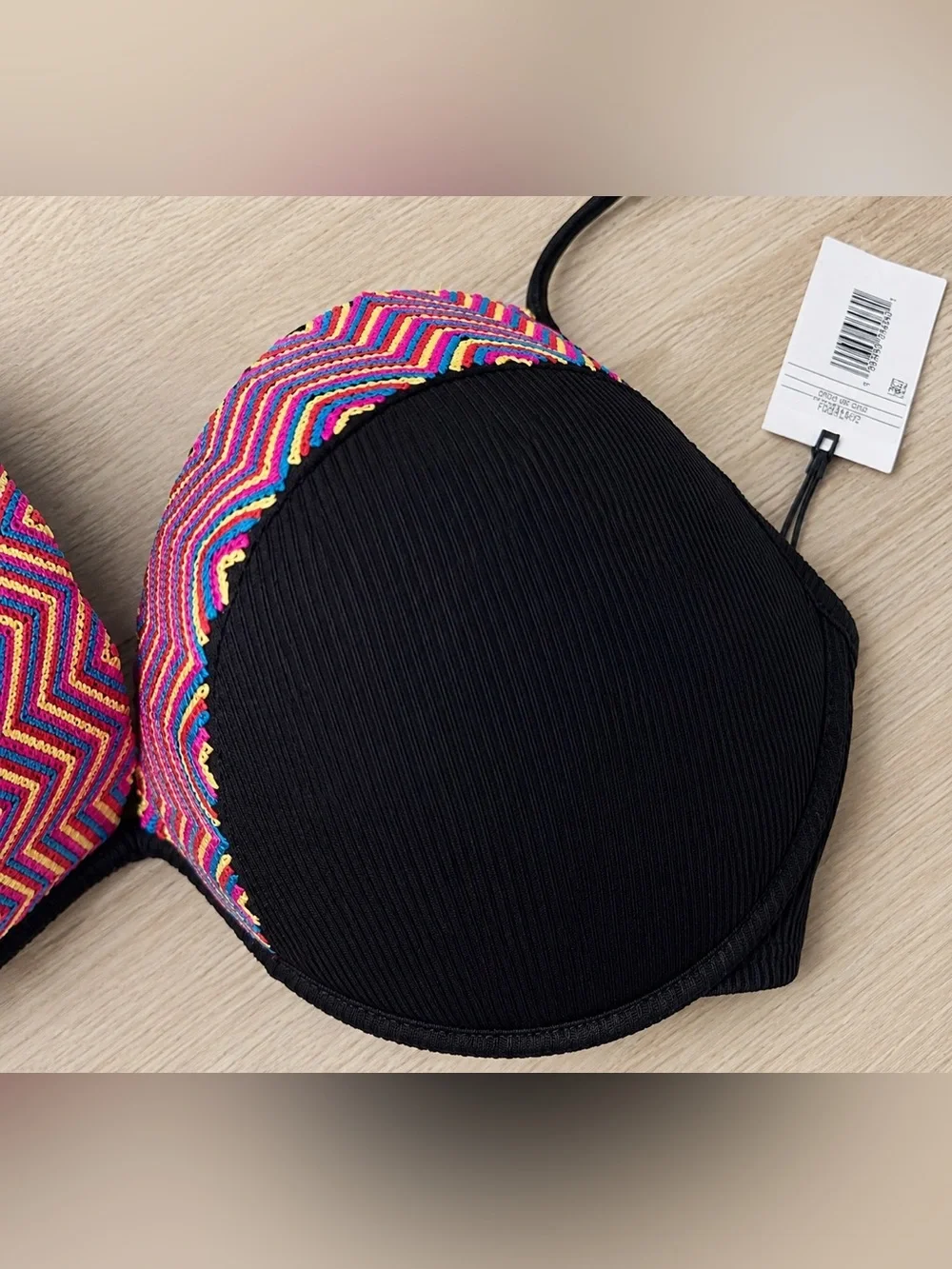 Shade & Shore Black Push Up Halter Bikini Top Chevron Trim NWT